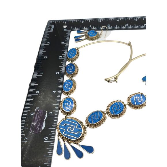 Alpaca Taxco Mexico Necklace Earrings Set Turquoise Inlay As Found Unpolished - Picture 4 of 15